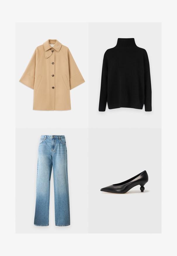 Beige gyapjú mix kabát klasszikus gallérral, elülső gombos záródással és oldalsó zsebekkel; raglán ujjaival és letisztult, strukturált dizájnjával rendelkezik.; Fekete kötött pulóver magas bordázott gallérral, alacsony vállvonallal és laza szabással. Bordázott mandzsettákkal és szegéllyel rendelkezik a textúra érdekében.; Világoskék farmernadrág laza fazonnal, egyenes lábakkal és diszkrét díszítéssel. Hagyományos öt zsebbel rendelkezik, valamint övhurkokkal.; Fekete bőr magassarkú cipő, hegyes orral és kerek, gömbölyű sarokkal. Simább textúrával, elegáns, minimalista dizájnnal.