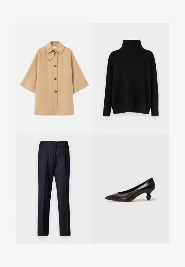Beige kabát z vlněné směsi s klasickým límcem, zapínáním na knoflíky vpředu a bočními kapsami; má raglánové rukávy a čistý, strukturovaný design.; Černý pletený svetr s vysokým žebrovaným límcem, spadlými rameny a volnějším střihem. Má žebrované manžety a lem pro texturu.; Námořnické kalhoty s hladkou texturou, s plochým předním dílem, dvojitými záhyby a poutky na opasek. Rovný střih nohavic, zakončené lemováním.; Černá kožená vysoká bota na podpatku s špičatou špičkou a kulatým, zaobleným podpatkem. Hladká textura s elegantním, minimalistickým designem.