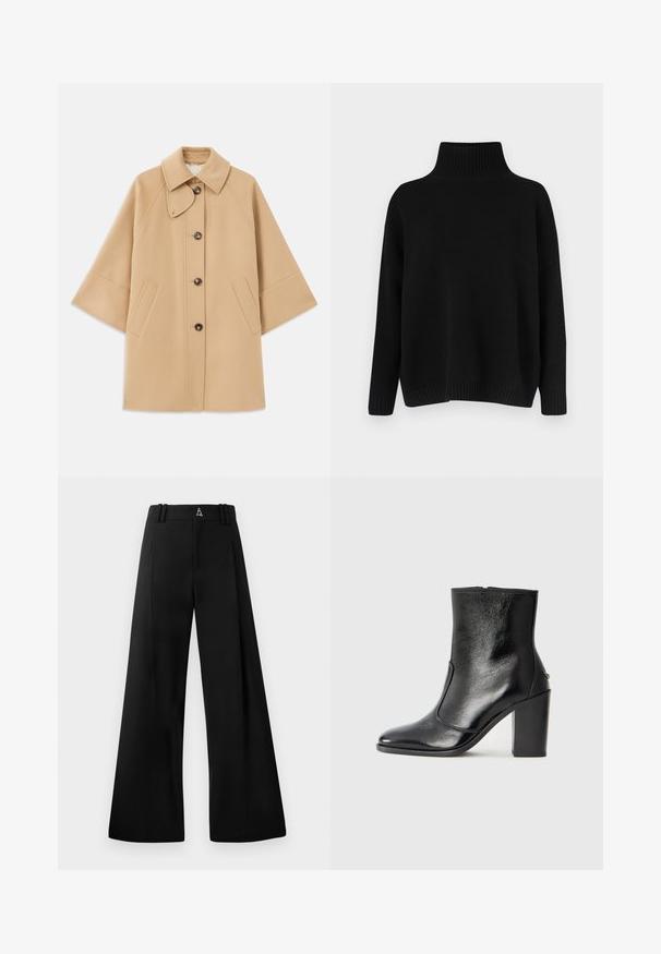 Šviesiai rudas vilnos mišinys paltas su klasikiniu apykakle, priekyje mygtukais užsegamas, ir šoninėmis kišenėmis; turi raglan tipo rankoves ir švarų, struktūrizuotą dizainą.; Juodas megztinis megztas, su aukštu ribuotu apykakliu, nuleistais pečiais ir laisvo silueto. Turi ribotas rankogalius ir apačią, suteikiančias tekstūros.; Juodos plačios kelnės, pagamintos iš glotnaus audinio, turi aukštą juosmenį, klostes ir logotipą gale. Švarus, pritaikytas dizainas be raštų.; Juodas odinis kulkšninis batas su lygiu paviršiumi, smailiu pirštu ir masyviu aukštu kulnu. Savybė - šoninis atidarymas ir minimalistiškas dizainas.