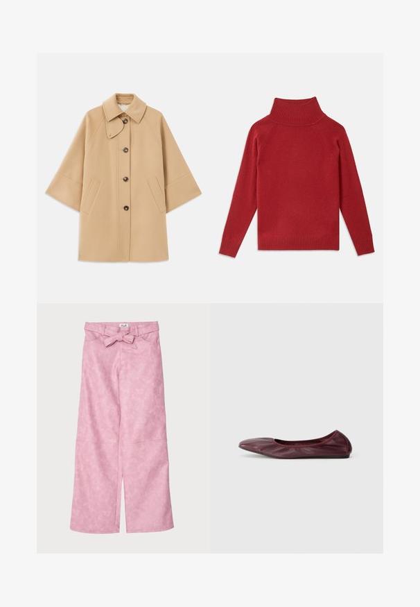 Bežna volnena jopica s klasičnim ovratnikom, sprednjim gumbom za zapiranje in stranskimi žepi; ima raglan rokave in čist, strukturiran dizajn.; Rdeča turtleneck pulover iz mehke pletene tkanine. Ima rebrast ovratnik in manšete, sproščen kroj ter brezšivne ramena.; Roza široke hlače z gladko teksturo. Imajo pas z zaponko in sprednje razpoke na robu.; Balerinke v temno burgundski usnjeni barvi, z zaobljenim nosom, elastičnim robom in gladko teksturo z diskretnimi gubami.