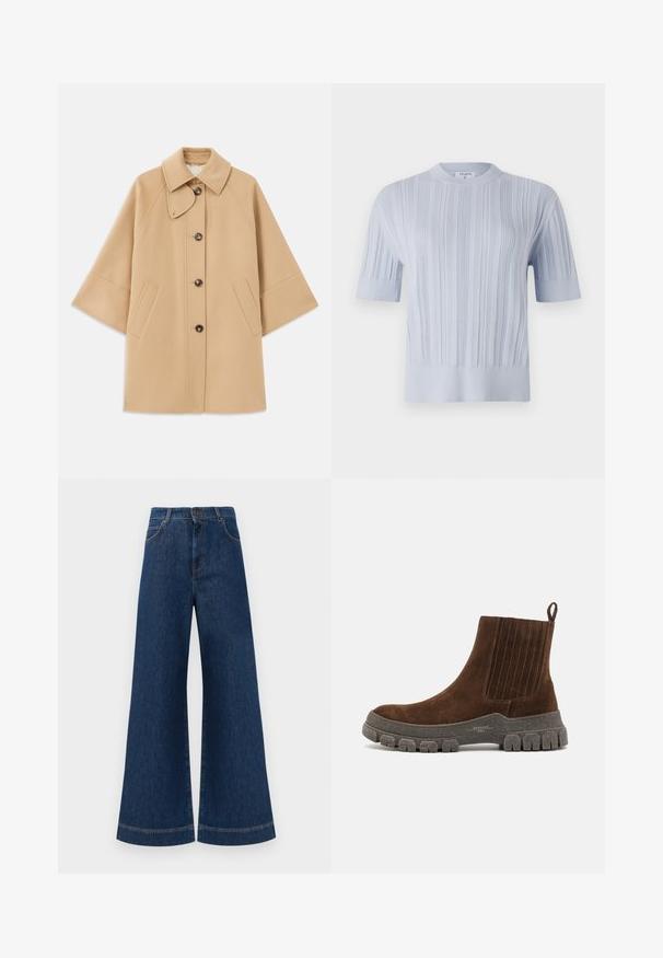 Beżowy płaszcz z wełny z klasycznym kołnierzem, z przodu zapinany na guziki, z kieszeniami po bokach; posiada rękawy raglanowe oraz prosty, uporządkowany fason.; Jasnoniebieski krótki rękaw dzianinowy top z pionowym prążkowanym wzorem i okrągłym dekoltem. Tkanina ma subtelne detale i dopasowane wykończenie.; Szerokie dżinsy w kolorze niebieskim z wysokim stanem, z zapięciem na guzik, szlufkami na pasek oraz subtelnymi detalami stębnowania wzdłuż kieszeni i brzegów.; Weekend Max Mara GENEPI ciemnobrązowy