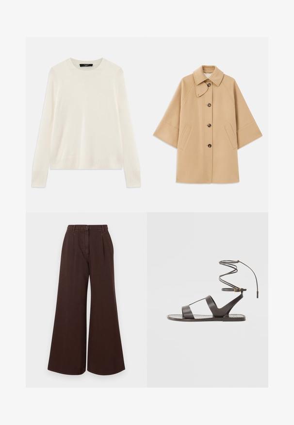 Beige villasekoituksesta valmistettu takki, jossa on klassinen kaulus, etupainikekiinnitys ja sivutaskut; sisältää raglan-hihat ja siistin, jämäkän muotoilun.; Valkoinen neulepusero, jossa on pyöreä pääntie, pitkät hihat ja ribbireunat hihansuissa ja helmassa. Pehmeä, hieno textura.; Korkeavyötäröiset, leveälahkeiset ruskeat housut, joissa on nappi- ja vetoketjukiinnitys, vyölenkit ja etupuolen laskostus.; Ruske kožne sandale s ravnim potplatom, minimalističkog dizajna, zakrivljenim remenom za gležanj i višestrukim izrezima za prozračnost.