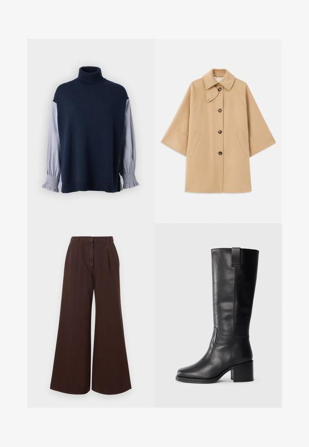Cappotto in misto lana beige con colletto classico, chiusura frontale con bottoni e tasche laterali; presenta maniche a raglan e un design pulito e strutturato.; Maglione lavorato a maglia blu navy con colletto alto, caratterizzato da maniche in tessuto a righe e polsini arricciati. Texture morbida, vestibilità ampia e dettagli delle cuciture.; Pantaloni brown a vita alta e gamba larga con chiusura a bottoni e cerniera, passanti per cintura e pieghe frontali.; Stivali al ginocchio in pelle nera con una texture liscia, punta quadrata, tacco a blocco e linguetta laterale, caratterizzati da dettagli di cucitura minimi.