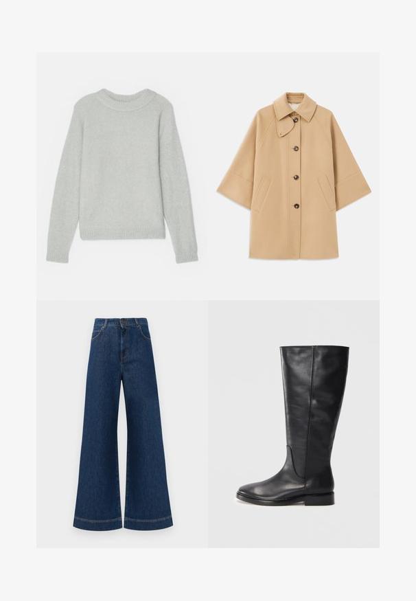 Palton din lână bej, cu un guler clasic, închidere frontală cu nasturi și buzunare laterale; are mâneci raglan și un design curat, structurat.; Pulover tricotat gri deschis cu guler rotund ribtit și manșete ribtite. Fit clasic și textură moale, fără modele sau desene vizibile.; Jeans din denim albastru cu picioare largi și talie înaltă, având închidere cu buton, bucle pentru curea și detalii discrete de cusut pe buzunare și la tivuri.; Botină neagră din piele, până la genunchi, cu un toc mic și bot rotund, care prezintă detalii de coasere pe tijă și pe partea din față.