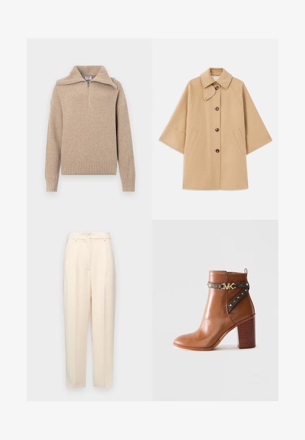 Cappotto in misto lana beige con colletto classico, chiusura frontale con bottoni e tasche laterali; presenta maniche a raglan e un design pulito e strutturato.; Maglione lavorato a maglia beige con colletto a mezza zip, texture a coste e maniche lunghe. Presenta una vestibilità cropped e un tessuto morbido e caldo.; Pantaloni beige su misura con vestibilità dritta, caratterizzati da pieghe davanti, una texture liscia e vita a media altezza. Senza tasche visibili.; Stivale alla caviglia in pelle marrone con tacco a blocco impilato, cinturino laterale con borchie dorate e una fibbia con logo "MK" dorato.