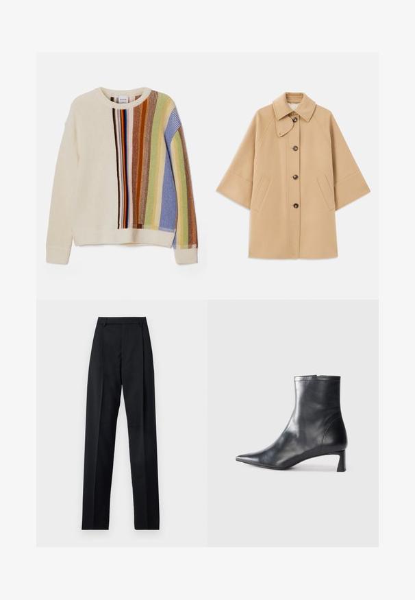 Cappotto in misto lana beige con colletto classico, chiusura frontale con bottoni e tasche laterali; presenta maniche a raglan e un design pulito e strutturato.; Maglione lavorato a maglia in crema con strisce verticali multicolori blu, verde, marrone e rosso. Presenta un collo rotondo e polsini a coste.; Pantaloni neri realizzati in tessuto morbido, caratterizzati da vita alta, gambe larghe, pince frontali e classiche passanti per cintura. Non ci sono tasche laterali visibili.; Stivaletto in pelle nera con punta affusolata e design elegante. Presenta un tacco basso e una chiusura con zip sul retro. Texture liscia.