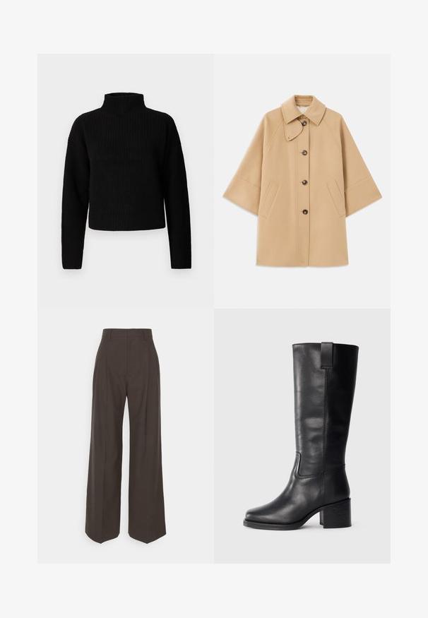 Palton din lână bej, cu un guler clasic, închidere frontală cu nasturi și buzunare laterale; are mâneci raglan și un design curat, structurat.; Pulover negru cu guler înalt, cu mânici lungi și un design scurt. Textura pare groasă și tricotată, fără modele sau embellishments vizibile.; Pantaloni largi de culoare maro închis, cu talie înaltă, prezentând pliante bine călcate, textură fină și o croială adaptată.; Cizme negre din piele până la genunchi cu o textură netedă, vârf pătrat, toc bloc și tab pentru tragere pe lateral, având detalii de cusătură minime.