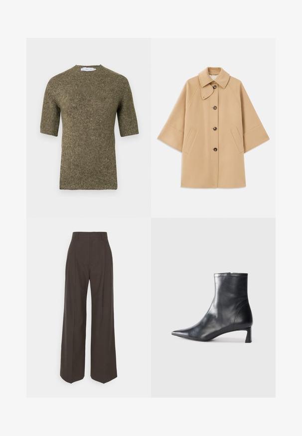 Beige gyapjú mix kabát klasszikus gallérral, elülső gombos záródással és oldalsó zsebekkel; raglán ujjaival és letisztult, strukturált dizájnjával rendelkezik.; Rövid ujjú, olíva zöld kötött pulóver texturált mintával és lekerekített nyakkivágással, ujjakon és szegélyen bordás részletekkel.; Sötétbarna, bő szárú nadrág magas derékkal, tisztán vasalt redőkkel, sima textúrával és testhez simuló fazonnal.; Fekete bőr bokacsizma hegyes orral és letisztult dizájnnal. Alacsony sarka és hátsó cipzáras záródása van. Simának tűnő textúra.