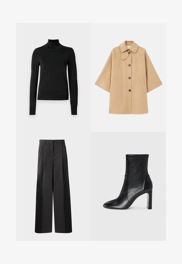 Beige villasekoituksesta valmistettu takki, jossa on klassinen kaulus, etupainikekiinnitys ja sivutaskut; sisältää raglan-hihat ja siistin, jämäkän muotoilun.; Musta pitkähihaisen pooloneuleen, jossa on ribbikuvioiset hihansuut ja helma, esitetty yksinkertaisella valkoisella taustalla.; Mustat, leveälahkeiset housut korkealla vyötäröllä, etupleiteillä, sileällä pinnalla ja huolitellulla viimeistelyllä. Suunniteltu rentoon istuvuuteen.; Mustan nahkaisen nilkkureiden tyylikäs muotoilu, terävä kärki ja korkea paksu korko. Ominaisuuksiin kuuluu sileä pinta ja minimalistinen ommelkoristelu.