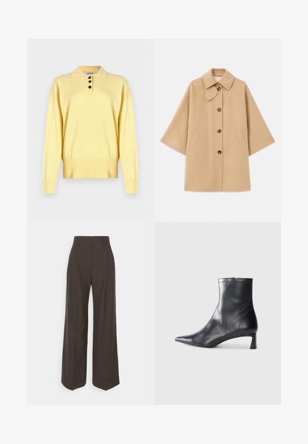 Bežna volnena jopica s klasičnim ovratnikom, sprednjim gumbom za zapiranje in stranskimi žepi; ima raglan rokave in čist, strukturiran dizajn.; Rumena pletena polo majica s ovratnikom, ki ima tri temne gumbke, rebrast rob in dolge rokave, narejena iz mehkega blaga.; Temno rjave široke hlače z visokim pasom, ki imajo lepo stisnjene gube, gladko teksturo in krojen fit.; Črne usnjene gležnjarje s šiljastim nosom in elegantnim dizajnom. Imajo nizko peto in zadrgo na zadnji strani. Gladka tekstura.