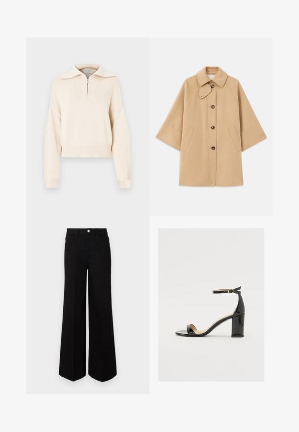 Beige Wollmischungsjacke mit klassischem Kragen, durchgehender Knopfleiste und Seitentaschen; verfügt über Raglanärmel und ein sauberes, strukturiertes Design.; Beiger Strickpullover mit einem Viertel-Reißverschluss-Kragen, der ein strukturiertes Panel auf der Brust sowie gerippte Bündchen und Saum hat. Kürzere Länge.; Schwarze weit geschnittene Jeans aus strapazierfähigem Material, mit hoher Taille, Fronttaschen und einem Knopfverschluss vorne. Flacher Saum am Boden.; Schwarze Lackleder-Sandalette mit weitem Absatz, offener Zehenpartie und Knöchelriemen mit goldener Schnalle. Glatte Textur und elegantes Design.