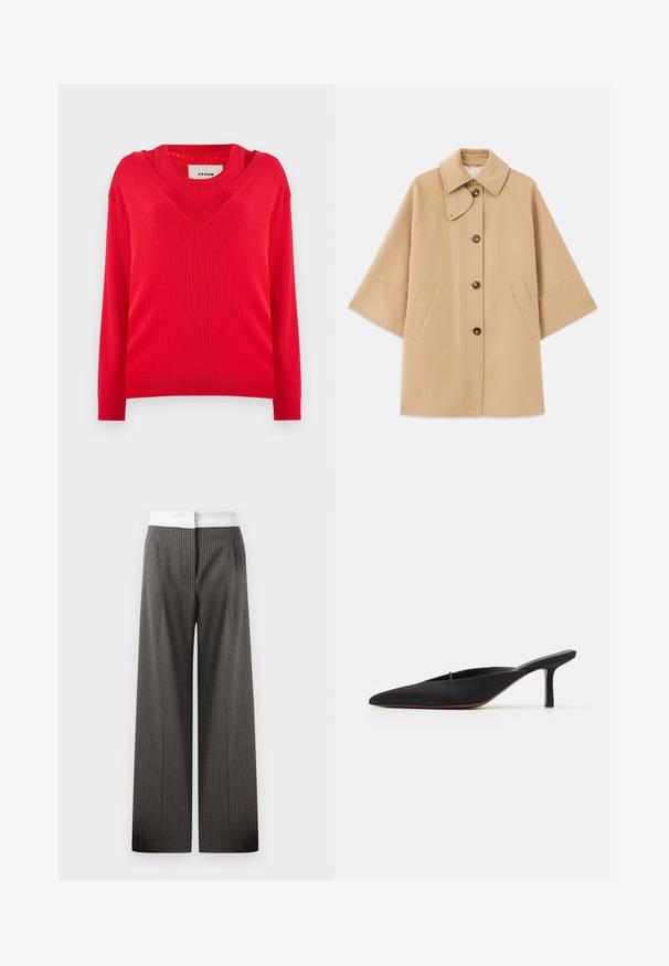 Beige wollen blend jas met een klassieke kraag, sluiting met knopen aan de voorkant en zijzakken; heeft raglanmouwen en een nette, gestructureerde uitstraling.; Rode geribde trui met een V-halsontwerp en lange mouwen. Heeft een iets cropped pasvorm en textuur gebreide stof.; Wijdvallende broek in donkergrijs met verticale streepjes. De tailleband is wit en elastisch, wat een contrasterend detail creëert.; Zwarte muiltje met spitse neus en een strak ontwerp, gemaakt van gladde stof, met een slanke hak en open achterkant voor gemakkelijk aan- en uittrekken.