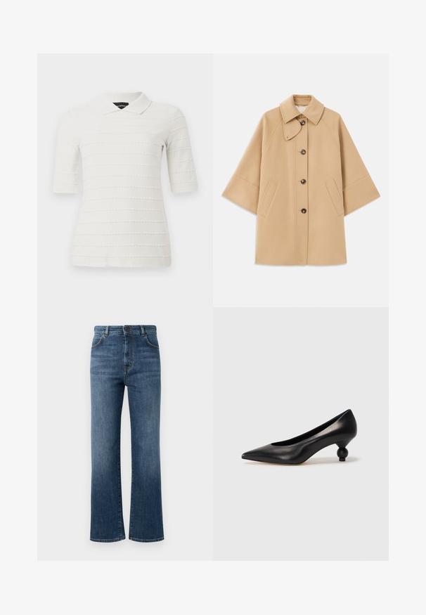 Beež villasegu jakk klassikalise kraega, ees nuppude sulgemise ja küljetaskutega; omab raglan-varrukaid ja puhtalt, struktureeritud disaini.; Valge lühikeste varrukatega polo särk, millel on tekstuuriga triibuline muster. Omab klassikalist krae ja sobivat lõiget. Valmistatud siledast materjalist.; Tumedad teksased tumedam sinise, sirge jala disainiga, viie taskuga, nööbiga kinnitamine ja peened õmblused.; Must musta kõrge kontsaga king, millel on terav nina ja ümar, pallikujuline konts. Sile pind ja elegantne, minimalistlik disain.