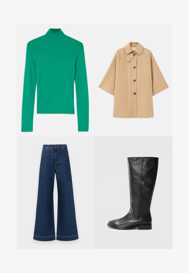 Casaco em mistura de lã bege com colarinho clássico, fecho frontal com botões e bolsos laterais; possui mangas raglan e um design limpo e estruturado.; Pulôver verde de gola alta feito de tecido canelado, apresentando mangas longas e detalhes sutis nas costuras laterais para uma aparência elegante e ajustada.; Jeans azul de perna larga com cintura alta, apresentando um fecho de botão, passantes para cinto e detalhes de costura discretos ao longo dos bolsos e das bainhas.; Bota de couro preta até ao joelho com um salto baixo e bico arredondado, apresentando detalhes de costura ao longo do cano e da parte dianteira.