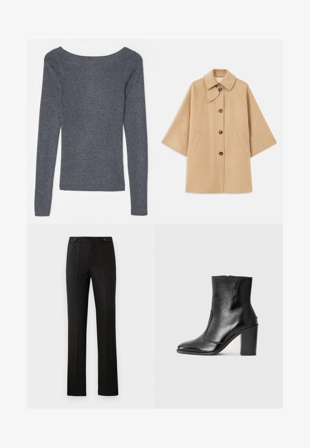 Beige uldblandingsfrakke med klassisk krave, frontknaplukning og sidelommer; har raglanærmer og et rent, struktureret design.; Tiger of Sweden KATHRIN - Striktrøje - medium grey melange; Sorte skræddersyede bukser med lige ben, to frontlommer, knaplukning og plissé detaljer foran. Glat stofstruktur.; Sorte læder ankelstøvler med en glat overflade, spids tå og en chunky høj hæl. Har en sidelukning og minimalistisk design.