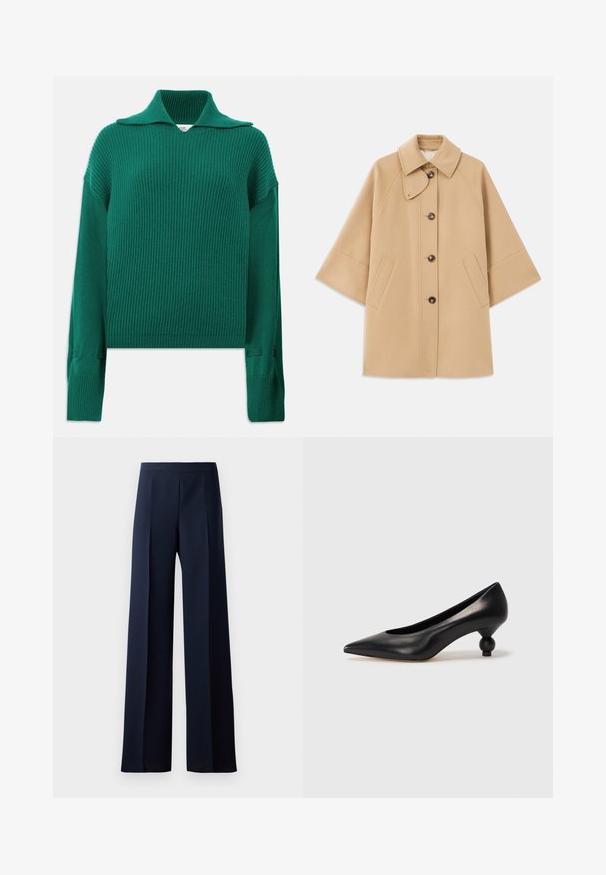 Abrigo de mezcla de lana color beige con un cuello clásico, cierre delantero de botones y bolsillos laterales; presenta mangas raglán y un diseño limpio y estructurado.; Jersey de punto acanalado verde con un cuello amplio, mangas largas y aberturas laterales. Presenta un acabado texturizado y un corte relajado.; Pantalones de pierna ancha en tela azul marino oscuro, con una textura suave, sutiles pliegues frontales y una cintura ajustada para una silueta estilizada.; Zapato de tacón alto de cuero negro con puntera afilada y un tacón redondeado y abombado. Textura suave con un diseño elegante y minimalista.