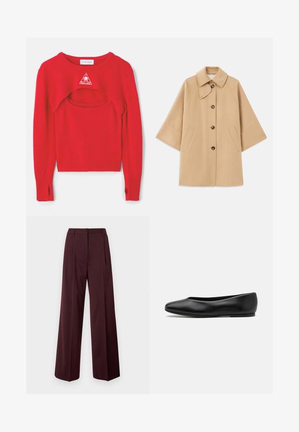 Casaco em mistura de lã bege com colarinho clássico, fecho frontal com botões e bolsos laterais; possui mangas raglan e um design limpo e estruturado.; Suéter vermelho de malha com um design de recorte único, punhos canelados e um logotipo branco triangular no peito. Barra ajustada e lados abertos.; Calças de perna larga em bordô escuro com textura de tecido suave. Apresentam cintura ajustada, pregas frontais e sem ferragens visíveis.; Paul Smith TOPANGA - Sabrinas - black