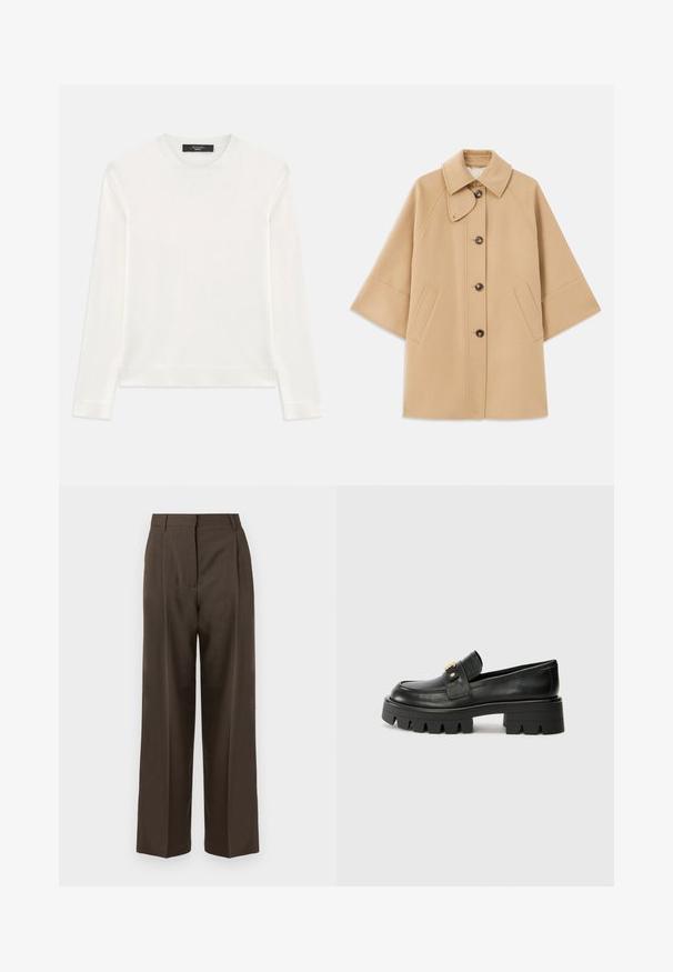 Beige villasekoituksesta valmistettu takki, jossa on klassinen kaulus, etupainikekiinnitys ja sivutaskut; sisältää raglan-hihat ja siistin, jämäkän muotoilun.; Valkoinen pitkähihainen neulepaita, joka on valmistettu pehmeästä neuloksesta. Ominaisuuksiin kuuluu pyöreä pääntie, joustavat hihansuut ja helma. Saumaton muotoilu ilman kuvioita.; Ruske leve hlače širokega kroja z gladkim materialom, ki imajo visok pas, sprednje gube in krojen dizajn. Brez vidnih žepov ali okrasnih detajlov.; Mustat nahkakengät, joissa on paksu pohja, kultaisella korostuksella edessä ja sileällä pinnalla. Paksu kuvio pohjassa.