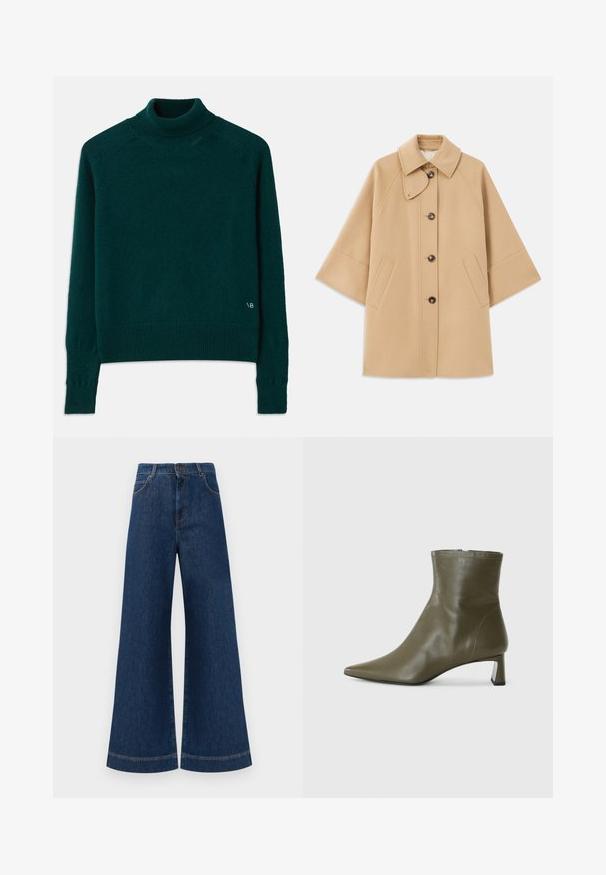 Šviesiai rudas vilnos mišinys paltas su klasikiniu apykakle, priekyje mygtukais užsegamas, ir šoninėmis kišenėmis; turi raglan tipo rankoves ir švarų, struktūrizuotą dizainą.; Minkšto trikotažo smaragdo spalvos golfo megztinis. Savybės: raukšlėti rankogaliai ir apatinė dalis, subtilus logotipas dešiniajame apatiniame kampe.; Plati mėlynos džinsinės kelnės su aukštu liemeniu, turinčios mygtukų užsegimą, diržo kilpas ir subtilius siuvinėjimo akcentus ant kišenių bei apdailos.; Alyvuogių žalios odos kulkšninių botų su smailiu pirštu ir 4 cm storu kulnu; lygus paviršius ir minimalistinis dizainas su užtrauktuku.