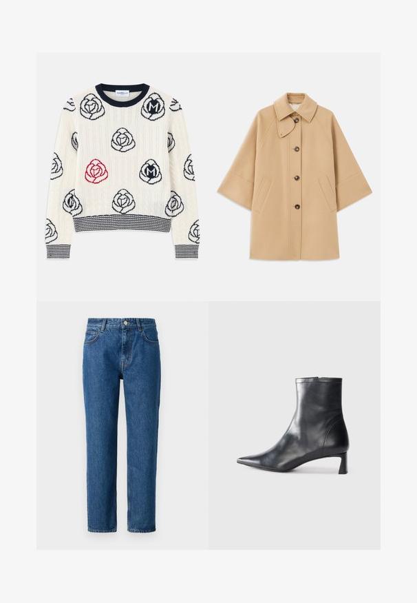 Beige gyapjú mix kabát klasszikus gallérral, elülső gombos záródással és oldalsó zsebekkel; raglán ujjaival és letisztult, strukturált dizájnjával rendelkezik.; Krémszínű kötött pulóver tengerészkék és vörös rózsás mintával. Bordás nyakkivágással és mandzsettákkal, valamint vízszintes csíkozott aljjal rendelkezik.; Kék farmernadrág egyenes fazonnal, gombos záródással, övbuclemmel és elülső zsebekkel. Texturált pamutszövetből készült.; Fekete bőr bokacsizma hegyes orral és letisztult dizájnnal. Alacsony sarka és hátsó cipzáras záródása van. Simának tűnő textúra.