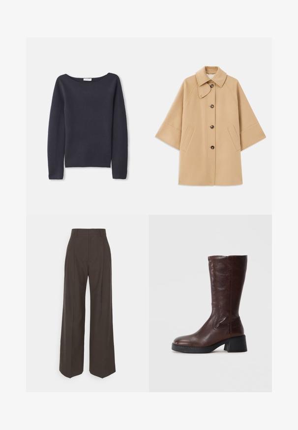 Beige Wollmischungsjacke mit klassischem Kragen, durchgehender Knopfleiste und Seitentaschen; verfügt über Raglanärmel und ein sauberes, strukturiertes Design.; Marineblauer Langarmpullover mit weitem Ausschnitt, weichem Material und lässiger Passform. Verfügt über minimale Nähte und keine sichtbaren Verschlüsse.; Dunkelbraune weite Hose mit hoher Taille, die über sorgfältig gebügelte Falten, eine glatte Textur und eine taillierte Passform verfügt.; Braune Lederkniehohe Stiefel mit strukturiertem Finish, quadratischer Zehenform und niedrigem Blockabsatz. Verfügt über seitliche Nähte und einen leicht ausgestellten oberen Rand.