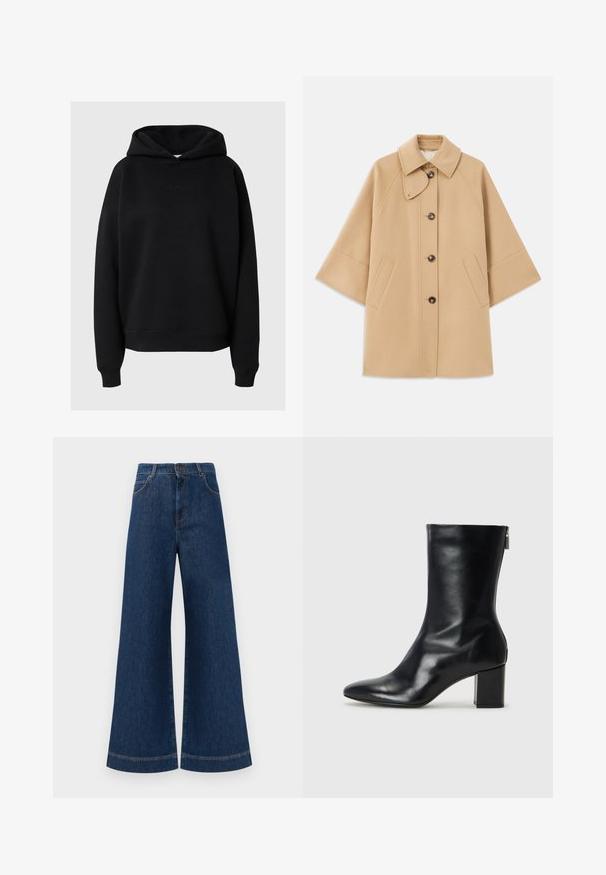 Bežs vilnas maisījuma mētelis ar klasisku apkakli, priekšējo pogu aizdares un sānu kabatām; satur raglanu piedurknes un tīru, strukturētu dizainu.; Melna kapucīna džemperis, izgatavots no mīksta auduma, ar brīvu piegriezumu, ribotām piedurknēm un plūstošu logotipa detaļu priekšpusē.; Plati ziladenim bikses ar augstu jostasvietu, kas aprīkotas ar pogas aizdari, jostu cilpām un nelieliem šuvju detalizējumiem ap kabatām un malām.; Melna ādas potītes zābaks ar norādītu purngalu un 4 cm bloku papēdi. Gluds dizains ar sānu rāvējslēdzēju vieglai uzvilkšanai. Gluda tekstūra.