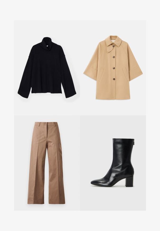 Manteau en mélange de laine beige avec un col classique, fermeture à boutons à l'avant et poches latérales ; présente des manches raglan et un design épuré et structuré.; DESIGNERS REMIX COSMO TURTLE - Pullover - black; Pantalons larges marron en tissu lisse, dotés d'une fermeture à bouton à l'avant, de deux poches avant et de lignes nettes et ajustées.; Bottine en cuir noir avec un bout pointu et un talon carré de 4 cm. Design élégant avec une fermeture éclair sur le côté pour un enfilage facile. Texture lisse.