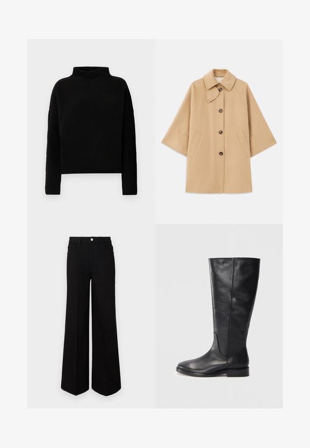 Beige uldblandingsfrakke med klassisk krave, frontknaplukning og sidelommer; har raglanærmer og et rent, struktureret design.; Sort trøje med høj krave lavet af blødt stof, med lange ærmer og en afslappet pasform, med minimalt syninger og ingen synlige dekorationer.; Sorte vide ben-jeans lavet af robust stof, med høj talje, forlommer og en frontal knaplukning. Flad kant i bunden.; Sorte læderknæstøvler med lav hæl og rund tå, der viser syninger langs skaftet og vampen.