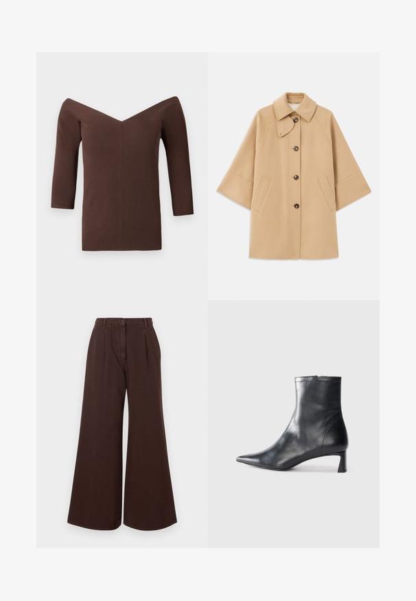 Beige wool blend coat with a classic collar, front button closure, and side pockets; features raglan sleeves and a clean, structured design.; Brown ribbed off-the-shoulder top with a V-neck, featuring three-quarter sleeves and a fitted silhouette. Smooth texture throughout.; High-waist wide-leg brown pants with button and zipper closure, belt loops, and front pleats.; Black leather ankle boot with a pointed toe and a sleek design. Features a low heel and a zipper closure at the back. Smooth texture.