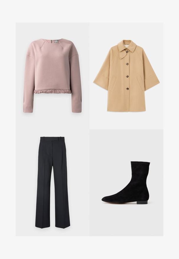 Bežna volnena jopica s klasičnim ovratnikom, sprednjim gumbom za zapiranje in stranskimi žepi; ima raglan rokave in čist, strukturiran dizajn.; Svetlo roza pulover iz mehkega materiala, s okroglim izrezom, dolgimi rokavi in nabrano obrobo. Podrobnost z zadrgo na hrbtu.; Temno modri hlače s pinstripi, visokim pasom, širokimi nogami in brez vidnih kovinskih delov ali okrasnih elementov. Gladka tekstura in prilagojen kroj.; Črne semiš gležnjarje z oblikovanim zgornjim delom, koničastim nosom in nizko blok peto. Gladka textura in minimalističen dizajn, primerna za vsestransko stiliziranje.