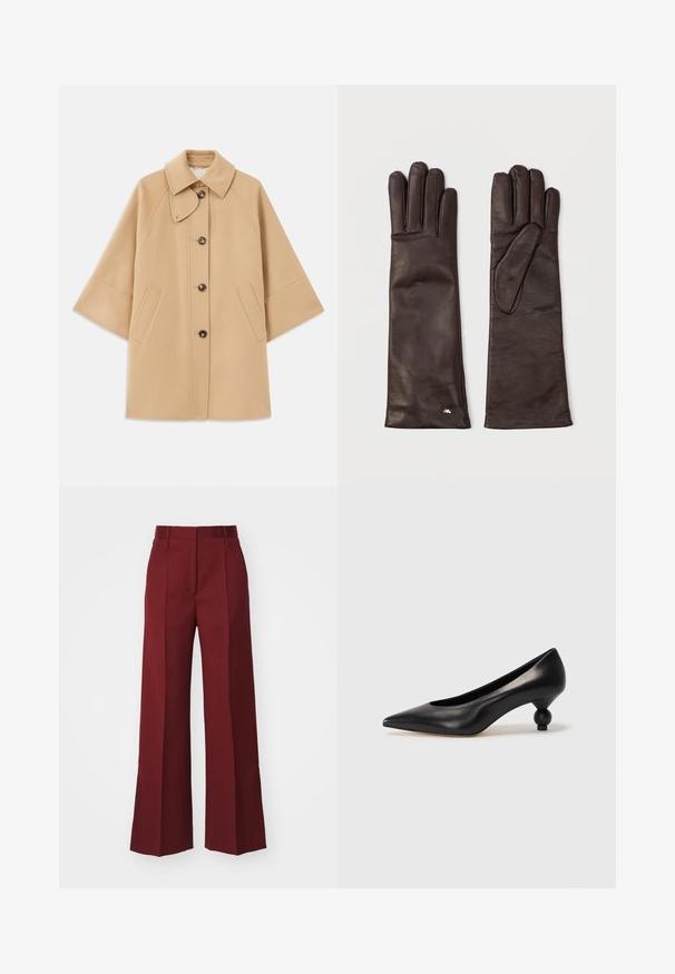 Beige kabát z vlněné směsi s klasickým límcem, zapínáním na knoflíky vpředu a bočními kapsami; má raglánové rukávy a čistý, strukturovaný design.; Burgundská košile s dlouhým rukávem na knoflíky, vyrobená z hladké látky, s klasickým límečkem a manžetami na knoflíky, se šesti knoflíky vpředu.; Široké kalhoty z tmavě burgundské látky s předními sklady, plochým pasem a bez viditelných kapes, s hladkou texturou.; Černá kožená vysoká bota na podpatku s špičatou špičkou a kulatým, zaobleným podpatkem. Hladká textura s elegantním, minimalistickým designem.; Pár dlouhých tmavě hnědých kožených rukavic položených na plocho, s viditelným švem a malým stříbrným detailem blízko zápěstí jedné rukavice.