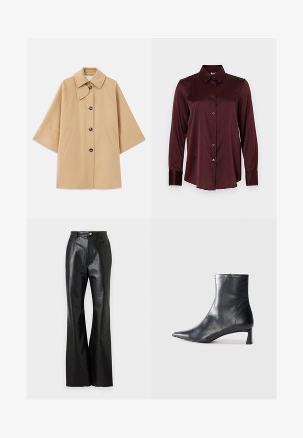 Bežový kabát z vlnenej zmesi s klasickým golierom, predným zapínaním na gombíky a bočnými vreckami; má raglánové rukávy a čistý, štruktúrovaný dizajn.; Dlhý rukáv burgundskej saténovej košele s špicatým golierom a predným zapínaním na gombíky, vyobrazený na bielom pozadí.; Čierne kožené rozšírené nohavice s elegantným povrchom, predné vrecká a kontrastné šitie. Obsahujú zapínanie na gombík a štruktúrovaný pás.; Čierne kožené členkové topánky s špicatou špičkou a elegantným dizajnom. Majú nízky podpätok a zips na zadnej strane. Hladká textúra.
