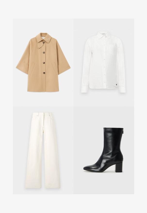 Beige kabát z vlněné směsi s klasickým límcem, zapínáním na knoflíky vpředu a bočními kapsami; má raglánové rukávy a čistý, strukturovaný design.; Bílá košile s dlouhými rukávy, s límečkem na knoflíky, jednou náprsní kapsou a jemně texturovanou tkaninou. Obsahuje černé výšivky loga.; Široké krémové kalhoty vyrobené z džínoviny s viditelným prošitím a kapsami. Design se vyznačuje vysokým pasem a rovnou siluetou.; Černé kožené kotníkové boty s špičatou špičkou a blokovým podpatkem o výšce 4 cm. Elegantní design obsahuje boční zip pro snadné obouvání. Hladká textura.