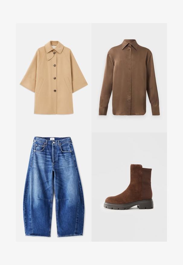 Bežna volnena jopica s klasičnim ovratnikom, sprednjim gumbom za zapiranje in stranskimi žepi; ima raglan rokave in čist, strukturiran dizajn.; Rjav dolg rokav s srajco s gumbi in koničastimi ovratniki in manšetami, prikazana na enostavni beli podlagi.; Prostornice modre kavbojke z bledim zaključkom, ki imajo pet žepov, bakrene zakovice in zadrgo za zapiranje. Tkanina je teksturirana in trdna.; Rjave antilopne gležnjarje z elastičnimi stranskimi paneli, zaobljenim nosom in debelim gumijastim podplatom, ki ima teksturiran vzorec.