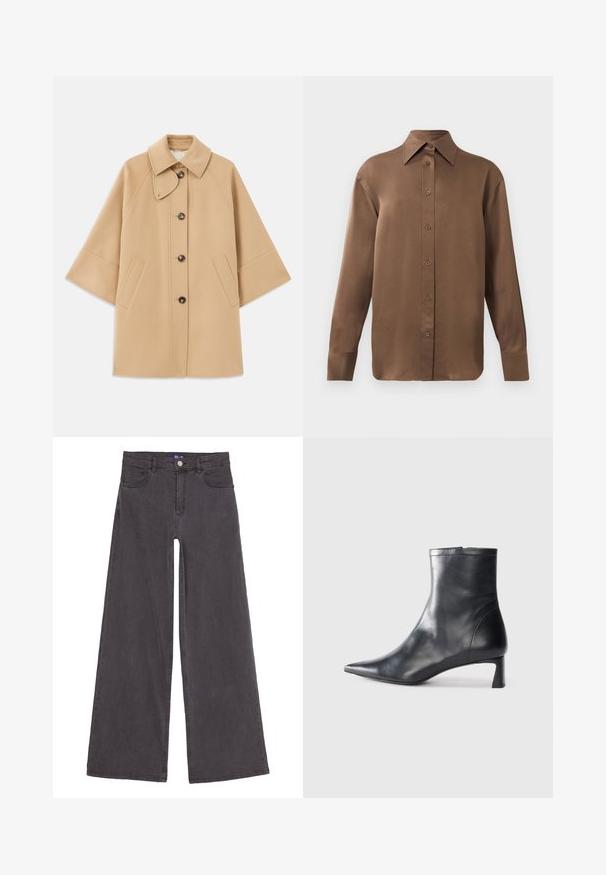 Šviesiai rudas vilnos mišinys paltas su klasikiniu apykakle, priekyje mygtukais užsegamas, ir šoninėmis kišenėmis; turi raglan tipo rankoves ir švarų, struktūrizuotą dizainą.; Ruda ilgų rankovių marškiniai su sagomis ir smailiais apykakle bei rankogaliais, išdėstyti prieš paprastą baltą foną.; Plati kojos juodi džinsai, pagaminti iš medvilnės audinio. Yra penki kišenės, priekinis mygtuko užsegimas ir tiesios siūlės. Lygus paviršius.; Juodas odinis kulkšninis batas su smailiu pirštu ir elegantišku dizainu. Turi žemą kulną ir užtrauktuką gale. Lygi tekstūra.