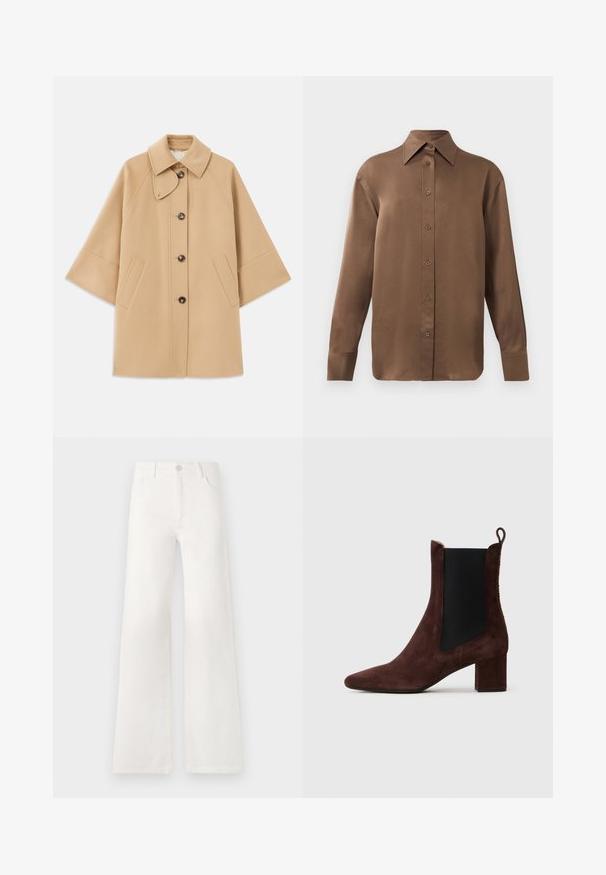 Bežs vilnas maisījuma mētelis ar klasisku apkakli, priekšējo pogu aizdares un sānu kabatām; satur raglanu piedurknes un tīru, strukturētu dizainu.; Brūns garās piedurknes pogājamais krekls ar norādītu apkakli un aprocēm, izlikts pret vienkāršu baltu fonu.; Baltas, augsto jostasvietu platās kājas džinsi, izgatavoti no denima. Iekļauj pogu aizdari, divas priekšējās kabatas un sānu šuves ar šuvju detaļām.; Tumši brūni zamšādi potītes zābaki ar blokveida papēdi, melna elastīga sānu paneļa un cilpu aizmugurē uz gaiša fona.