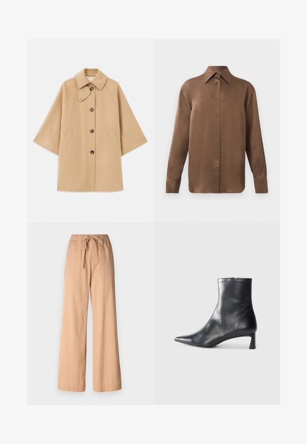 Beige kabát z vlněné směsi s klasickým límcem, zapínáním na knoflíky vpředu a bočními kapsami; má raglánové rukávy a čistý, strukturovaný design.; Hnědá košile s dlouhým rukávem, zapínaná na knoflíky, s špičatým límcem a manžetami, vystavená na jednobarevném bílém pozadí.; Béžové kalhoty s širokým střihem, elastickým pasem a šňůrkou. Vyrobené z lehkého materiálu, s hladkou texturou a čistými liniemi.; Černé kožené kotníkové boty s špičatou špičkou a elegantním designem. Mají nízký podpatek a zipové zapínání na zadní straně. Hladká textura.