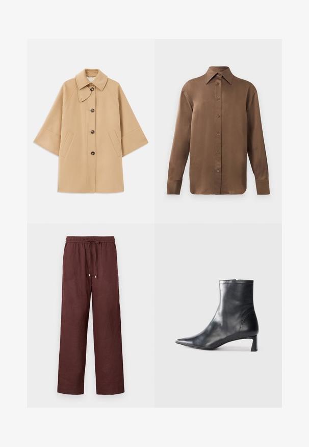 Beige uldblandingsfrakke med klassisk krave, frontknaplukning og sidelommer; har raglanærmer og et rent, struktureret design.; Brun langærmet skjorte med knapper, spids krave og manchetter, vist mod en simpel hvid baggrund.; Burgunderfarvede bukser med bred ben, lavet af letstof, med en elastisk talje og snøre samt ingen synlige lommer.; Sort læder ankelstøvle med spids tå og et strømlinet design. Har en lav hæl og en lynlås lukning bagpå. Glat tekstur.