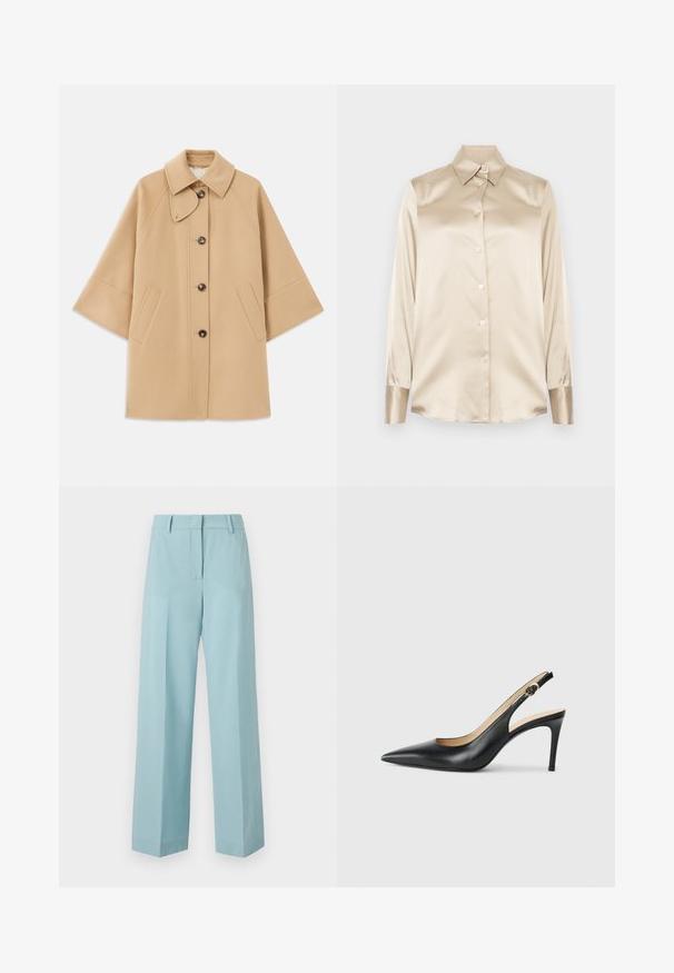 Šviesiai rudas vilnos mišinys paltas su klasikiniu apykakle, priekyje mygtukais užsegamas, ir šoninėmis kišenėmis; turi raglan tipo rankoves ir švarų, struktūrizuotą dizainą.; Smėlio spalvos satino marškiniai su smailiu apykakle, pilno ilgio rankovėmis, sagų uždarymu ir šiek tiek blizgesniais rankogaliais. Be raštų ar akcentų.; Šviesiai mėlynos, plačios kelnės su glotnia tekstūra, aukštu liemeniu, ryškiais klostėmis ir pritaikytu siluetu. Nėra matomų detalių ar raštų.; Juodos odinės slingback aukštakulnės bateliai su smailiu nosiu, reguliuojama juosta ir elegantišku stiletto kulnu, pasižymintys lygia apdaila.