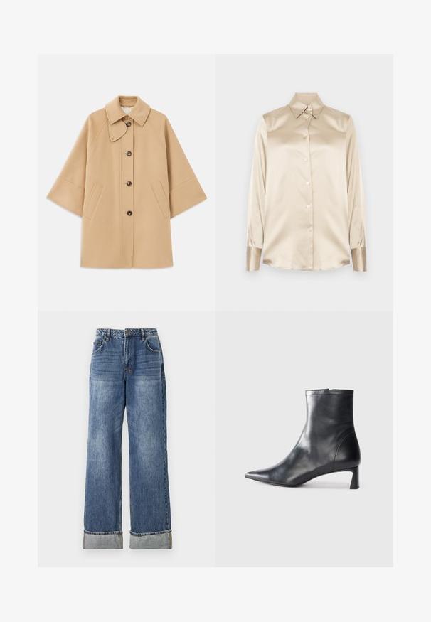 Šviesiai rudas vilnos mišinys paltas su klasikiniu apykakle, priekyje mygtukais užsegamas, ir šoninėmis kišenėmis; turi raglan tipo rankoves ir švarų, struktūrizuotą dizainą.; Smėlio spalvos satino marškiniai su smailiu apykakle, pilno ilgio rankovėmis, sagų uždarymu ir šiek tiek blizgesniais rankogaliais. Be raštų ar akcentų.; Ksubi LOW RIDER CUFFED AGED - Tiesaus kirpimo džinsai - blue denim; Juodas odinis kulkšninis batas su smailiu pirštu ir elegantišku dizainu. Turi žemą kulną ir užtrauktuką gale. Lygi tekstūra.