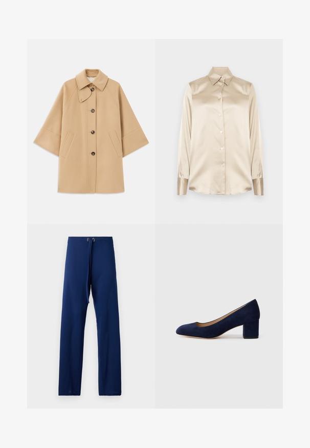 Beige gyapjú mix kabát klasszikus gallérral, elülső gombos záródással és oldalsó zsebekkel; raglán ujjaival és letisztult, strukturált dizájnjával rendelkezik.; Beige selyem ing hegyes gallérral, teljes hosszúságú ujjakkal, gombos záródással és enyhén fényes anyagú mandzsettákkal. Minták vagy díszítések nélkül.; Sötétkék, laza fitneszű nadrág, sima anyagból készült. Húzózsinórral ellátott derék és aranyszínű szemek a beállításhoz.; Tengerészkék velúr, hegyes orrú pumpa, középmagas tömbsarkúval. Simítású felület finom fénylő hatással, elöl egy kis kivágással.