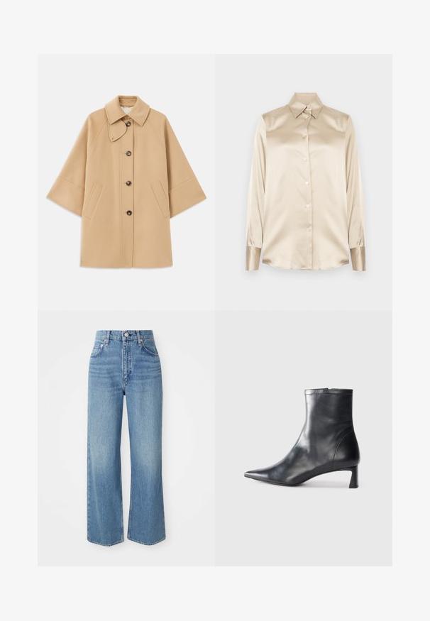 Bežs vilnas maisījuma mētelis ar klasisku apkakli, priekšējo pogu aizdares un sānu kabatām; satur raglanu piedurknes un tīru, strukturētu dizainu.; Beige satīna krekls ar asām apkaklēm, pilna garuma piedurknēm, ar pogu aizdari un nedaudz spīdīgāka finiša aprocēm. Nav rakstu vai akcentu.; Gai zilu džinsi ar augstu jostasvietu, platām kājām un neapstrādātu apakšējo malu. Iekļauj tradicionālo piecu kabatu dizainu un sudraba krāsas pogas aizdari.; Melnas ādas potītes zābaki ar norādītu pirkstu un elegantu dizainu. Iezīmē zemu papēdi un rāvējslēdzēja aizdari aizmugurē. Gluda tekstūra.