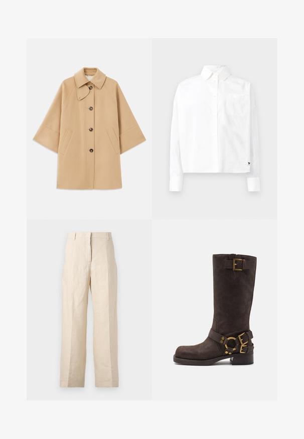 Beež villasegu jakk klassikalise kraega, ees nuppude sulgemise ja küljetaskutega; omab raglan-varrukaid ja puhtalt, struktureeritud disaini.; Valge pika varrukaga nööbiga särk, millel on terav krae, üks rinnatasku ja mansetid. Valmistatud siledast, kergekaalulisest kangast.; Bež linasest püksid, millel on lõtv istuvus, volditud eesmine osa ja sirged jalad. Omab vööd, millel on vöökohaga silmused, ja nähtavaid taskuid ei ole.; Pruun sule kõrguseni saabas, millel on ümar nina, kuldne riistvaraga aktsent, kaks vööd ja madal paks konts.