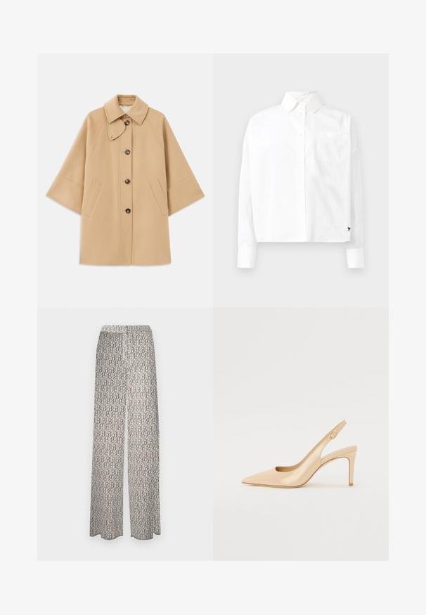 Beige villasekoituksesta valmistettu takki, jossa on klassinen kaulus, etupainikekiinnitys ja sivutaskut; sisältää raglan-hihat ja siistin, jämäkän muotoilun.; Valkoinen pitkähihaista nappipaitaa, jossa on kärjellinen kaulus, yksi rintatasku ja käänteet hihansuissa. Valmistettu sileästä, kevyestä kankaasta.; Housut leveällä lahkeella kevyestä kankaasta, jossa on toistuva abstrakti kuvio maanläheisissä sävyissä. Mukava joustava vyötärö, ilman lisäyksiköitä.; Nudepatent-läderslingbackklack med spetsig tå, öppen vamp och en tunn stilettklack. Har en cirkulär guldaccent på remmen.