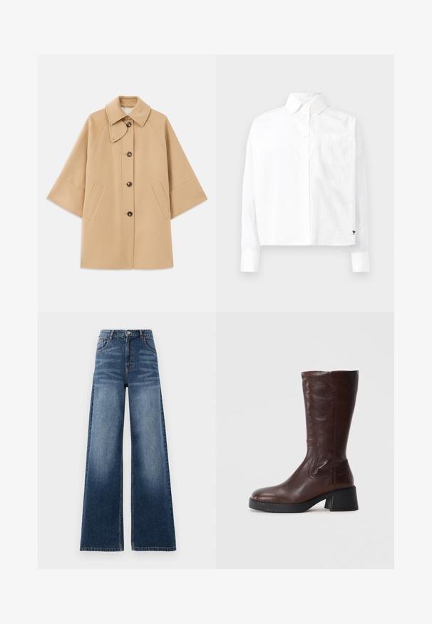 Bežna volnena jopica s klasičnim ovratnikom, sprednjim gumbom za zapiranje in stranskimi žepi; ima raglan rokave in čist, strukturiran dizajn.; Bela srajca z dolgimi rokavi in gumbi z ostrim ovratnikom, z enim žepom na prsih in manšetami. Narejena iz gladkega, lahkega materiala.; Široke denim hlače v srednje modri barvi, s visokim pasom, detajli bledenja in klasičnim pet-pocket dizajnom s šivanimi akcenti.; Rjave usnjene čizme do kolen z teksturirano površino, kvadratnim nosom in nizko blok peto. Imajo stranske šive in rahlo razširjen zgornji del.