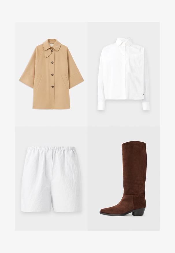 Bežový kabát z vlnenej zmesi s klasickým golierom, predným zapínaním na gombíky a bočnými vreckami; má raglánové rukávy a čistý, štruktúrovaný dizajn.; Biela dlhá košeľa s hodvábnymi rukávmi, so špicatým golierom, jednou náprsníkovou vreckom a manžetami. Vyrobená z hladkého, ľahkého materiálu.; Biele šortky s elastickým pásom, vyrobené z textúrovaného materiálu a so voľným strihom. Jednoduchý dizajn, žiadne vzory alebo ozdoby.; Hnedé semišové čižmy do kolien so štvorcovou špičkou, textúrovaným povrchom a nízkym blokovým podpätkom. Jednoduchý dizajn bez viditeľného hardvéru alebo akcentov.