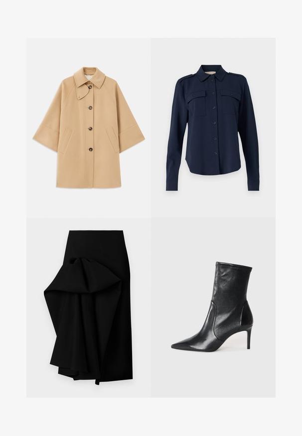 Palton din lână bej, cu un guler clasic, închidere frontală cu nasturi și buzunare laterale; are mâneci raglan și un design curat, structurat.; Cămașă albastră închis, cu nasturi, realizată dintr-un material moale. Dispune de două buzunare la piept, epoleți pe umeri și mâneci lungi cu manșete cu nasture.; Fustă neagră realizată dintr-un material neted, cu un design drapat supradimensionat pe o parte, formând un tiv înalt-jos.; Bocanci negri până la gleznă, din piele netedă, cu vârf ascuțit, arbore ajustat și toc subțire înalt. Design minimalist, fără hardware vizibil.