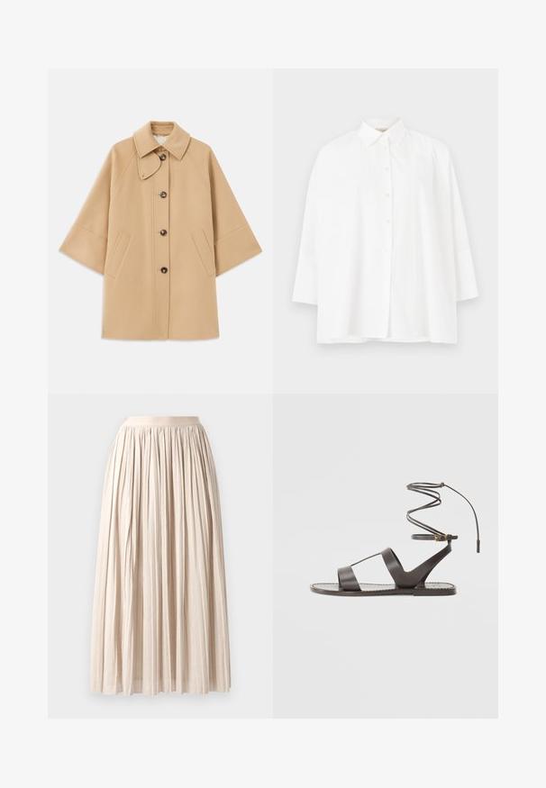 Bežna volnena jopica s klasičnim ovratnikom, sprednjim gumbom za zapiranje in stranskimi žepi; ima raglan rokave in čist, strukturiran dizajn.; Bela srajca z gumbom in klasičnim ovratnikom, dolgimi rokavi in sproščenim krojem. Gladek bombažni material brez vidnih vzorcev ali dodatkov.; Plisirana midi krila iz svetlo bež tkanine. Ima elastičen pas in tekoč dizajn, ki prikazuje teksturiran zaključek in nežen padec.; Rjave usnjene sandale s ravnim podplatom, ki imajo minimalističen dizajn, ukrivljen trak za gleženj in več odprtin za zračnost.