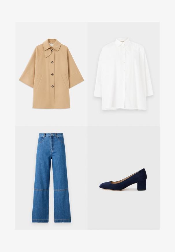 Palton din lână bej, cu un guler clasic, închidere frontală cu nasturi și buzunare laterale; are mâneci raglan și un design curat, structurat.; Cămașă albă cu nasturi, cu guler clasic, mâneci lungi și o croială lejeră. Material din bumbac fin, fără modele sau accente vizibile.; Jeans din denim albastru cu croi larg, talie înaltă, având cusături duble la nivelul genunchilor și un finisaj texturat al țesăturii.; Pantof cu toc din suede bleumarin, cu vârful ascuțit și un toc de înălțime medie în formă de bloc. Textură netedă cu o strălucire subtilă și o mică decupare în față.