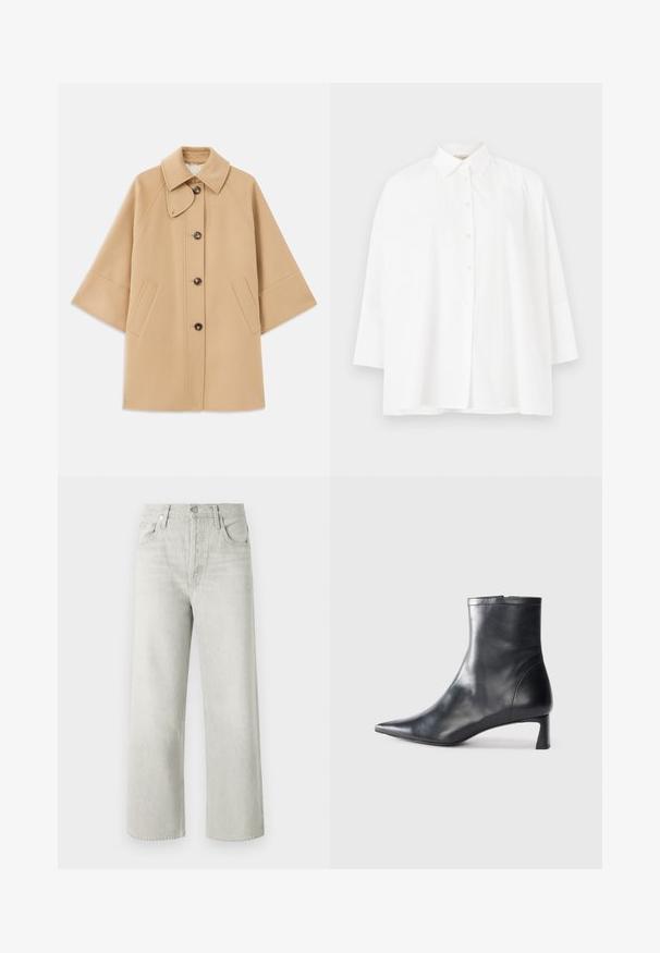 Bežový kabát z vlnenej zmesi s klasickým golierom, predným zapínaním na gombíky a bočnými vreckami; má raglánové rukávy a čistý, štruktúrovaný dizajn.; Biely košeľový dres s klasickým golierom, dlhými rukávmi a voľným strihom. Hladká bavlnená tkanina bez viditeľných vzorov alebo akcentov.; Svetlo šedé široké džínsy vyrobené z denimu, s vysokým pásom, prednými vreckami a zapínaním na gombík a zips.; Čierne kožené členkové topánky s špicatou špičkou a elegantným dizajnom. Majú nízky podpätok a zips na zadnej strane. Hladká textúra.